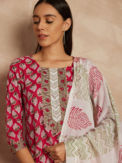 Maroon Color Ethnic Motifs Printed Pure Cotton Straight Kurta & Trousers With Dupatta