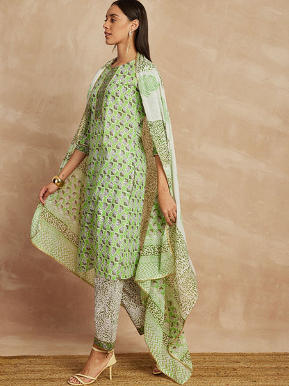 Pista Green Farbe ethnische Motive gedruckt reine Baumwolle gerade Kurta &amp; Hose mit Dupatta