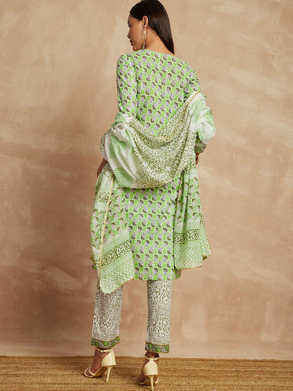 Pista Green Farbe ethnische Motive gedruckt reine Baumwolle gerade Kurta &amp; Hose mit Dupatta