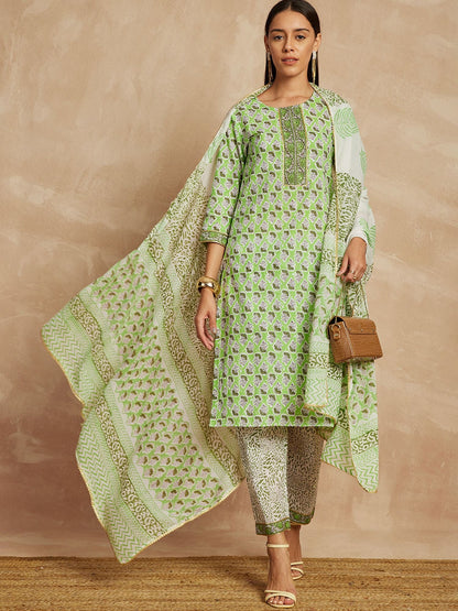 Pista Green Farbe ethnische Motive gedruckt reine Baumwolle gerade Kurta &amp; Hose mit Dupatta