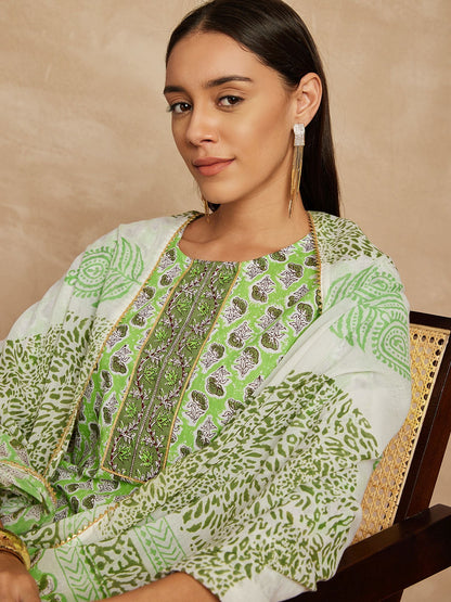 Pista Green Farbe ethnische Motive gedruckt reine Baumwolle gerade Kurta &amp; Hose mit Dupatta