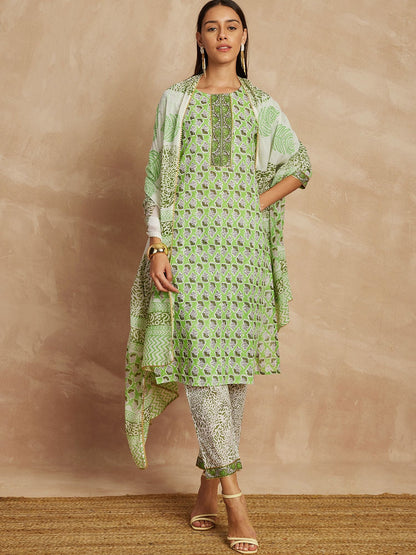 Pista Green Farbe ethnische Motive gedruckt reine Baumwolle gerade Kurta &amp; Hose mit Dupatta