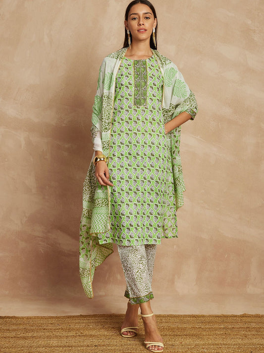 Pista Green Color Ethnic Motifs Printed Pure Cotton Straight Kurta & Trousers With Dupatta