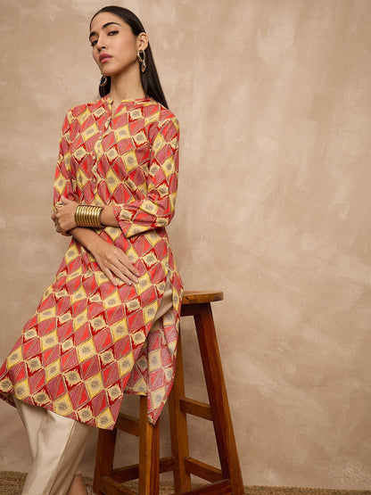 Multi Color Geometric Printed Sequinned Asymmetric Pathani Kurta