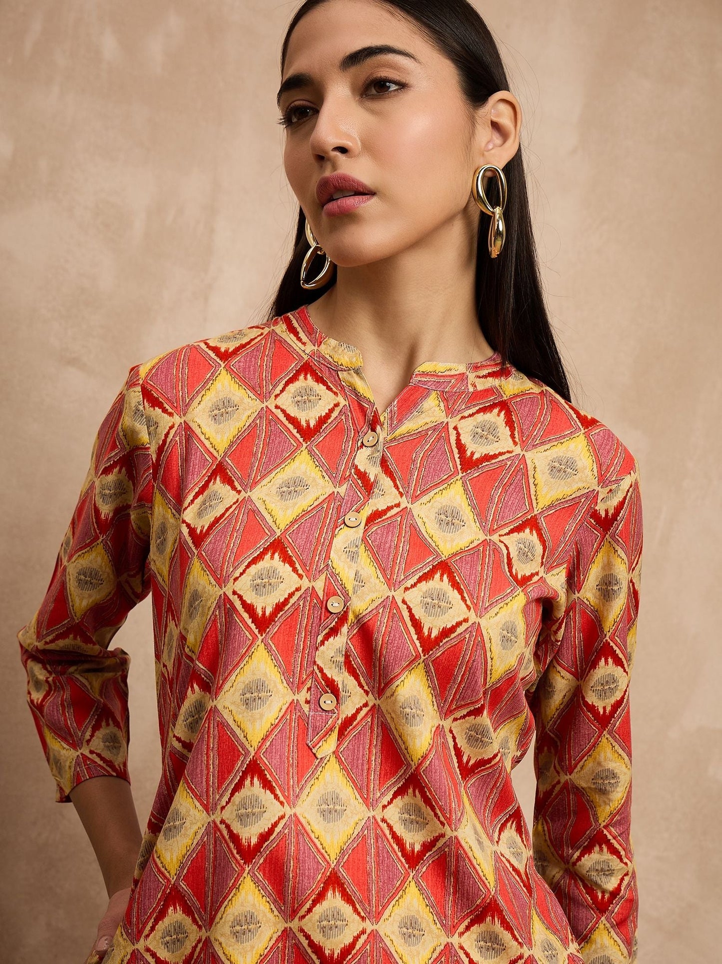 Multi Color Geometric Printed Sequinned Asymmetric Pathani Kurta