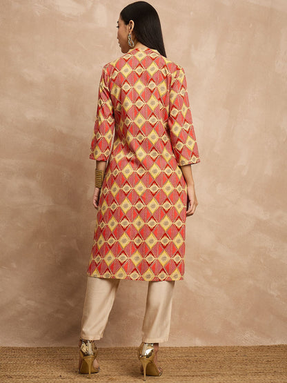 Multi Color Geometric Printed Sequinned Asymmetric Pathani Kurta