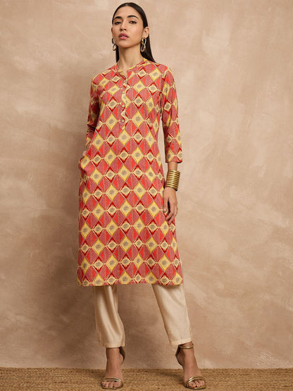 Multi Color Geometric Printed Sequinned Asymmetric Pathani Kurta
