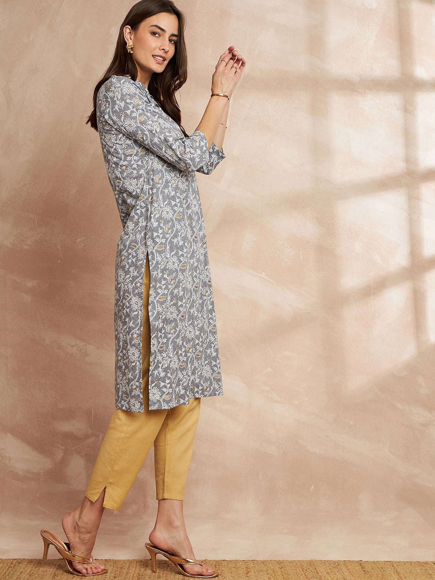 Grey Color Floral Printed Straight Pure Cotton Kurta