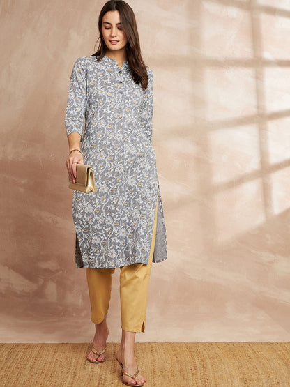 Grey Color Floral Printed Straight Pure Cotton Kurta