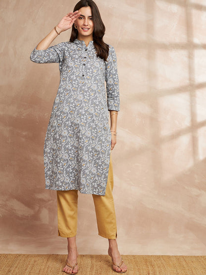 Grey Color Floral Printed Straight Pure Cotton Kurta