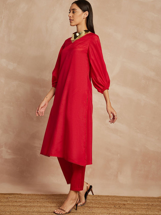Red Color V-Neck Three-Quarter Sleeves Puffed Sleeves A-Line Kurta with Trousers