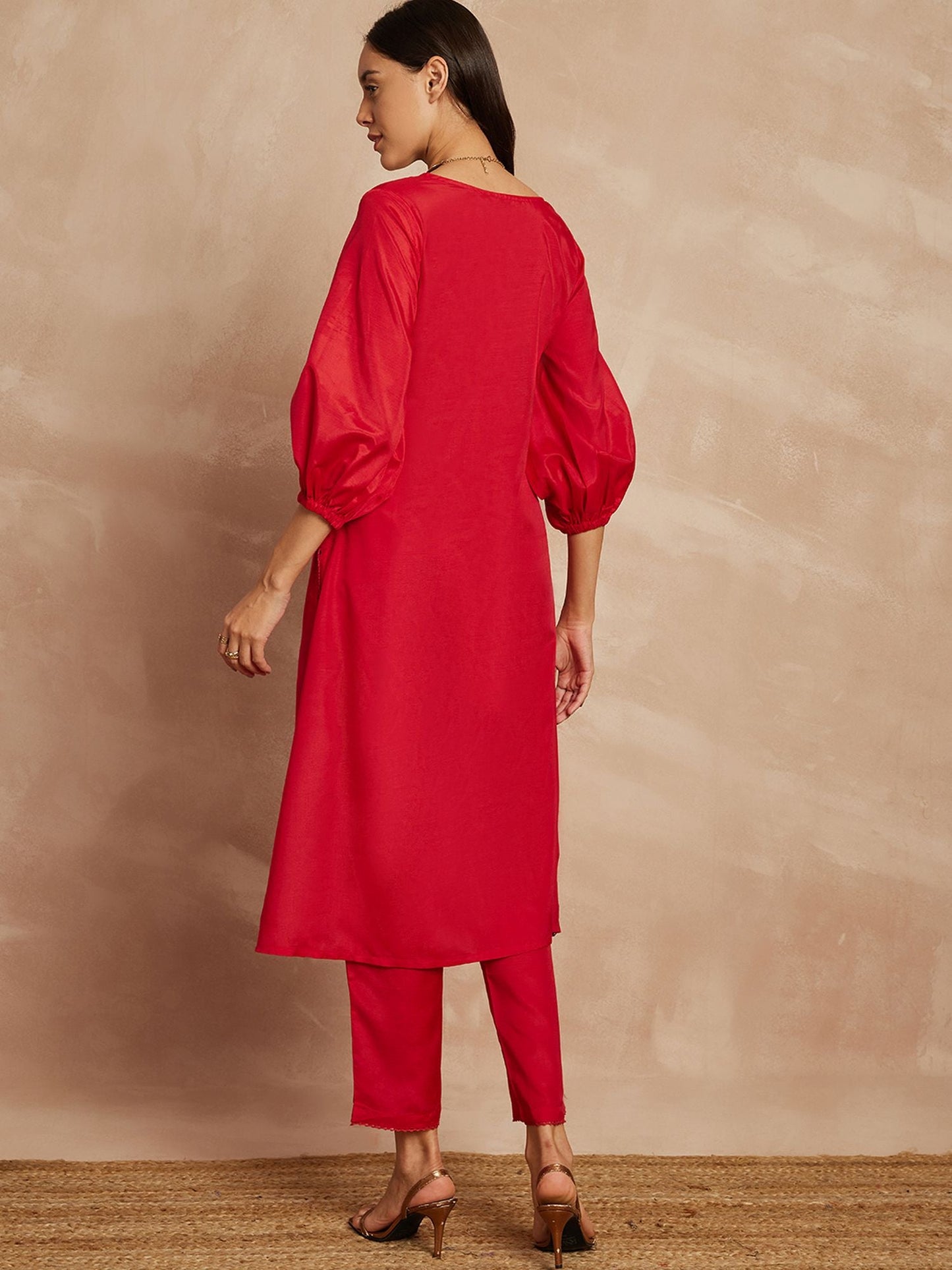 Red Color V-Neck Three-Quarter Sleeves Puffed Sleeves A-Line Kurta with Trousers