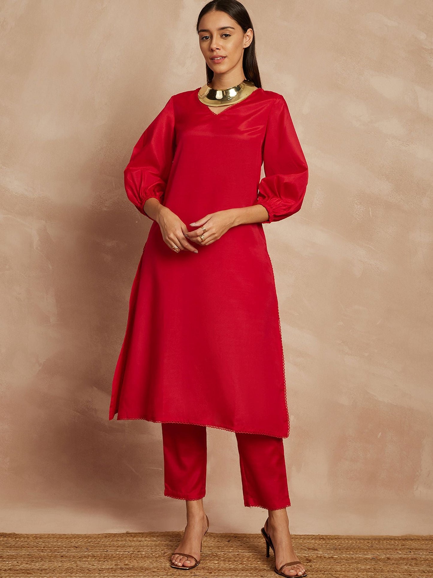 Red Color V-Neck Three-Quarter Sleeves Puffed Sleeves A-Line Kurta with Trousers