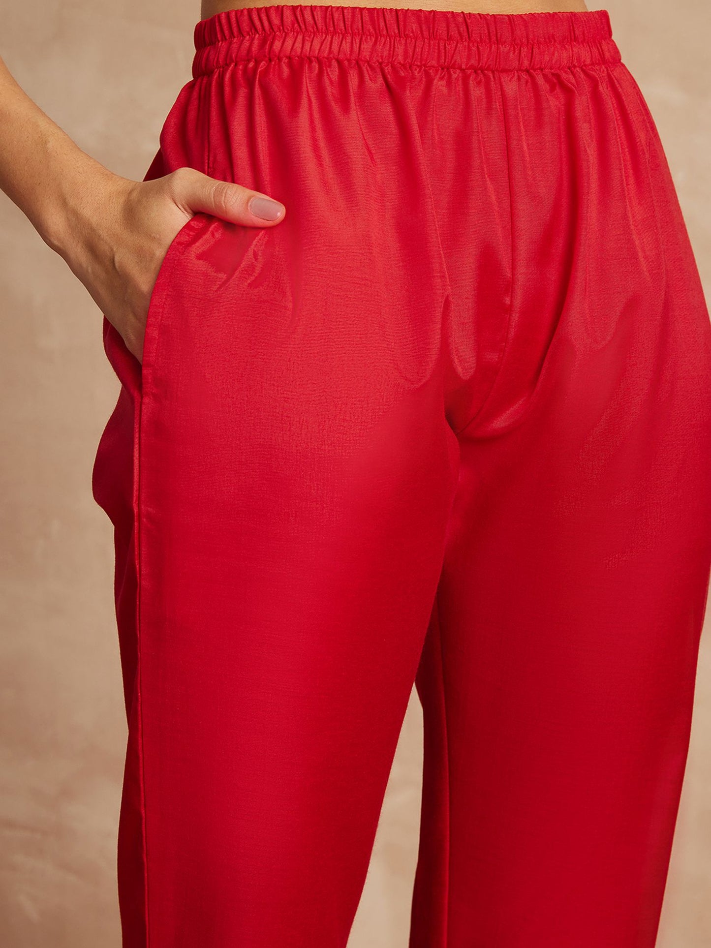 Red Color V-Neck Three-Quarter Sleeves Puffed Sleeves A-Line Kurta with Trousers