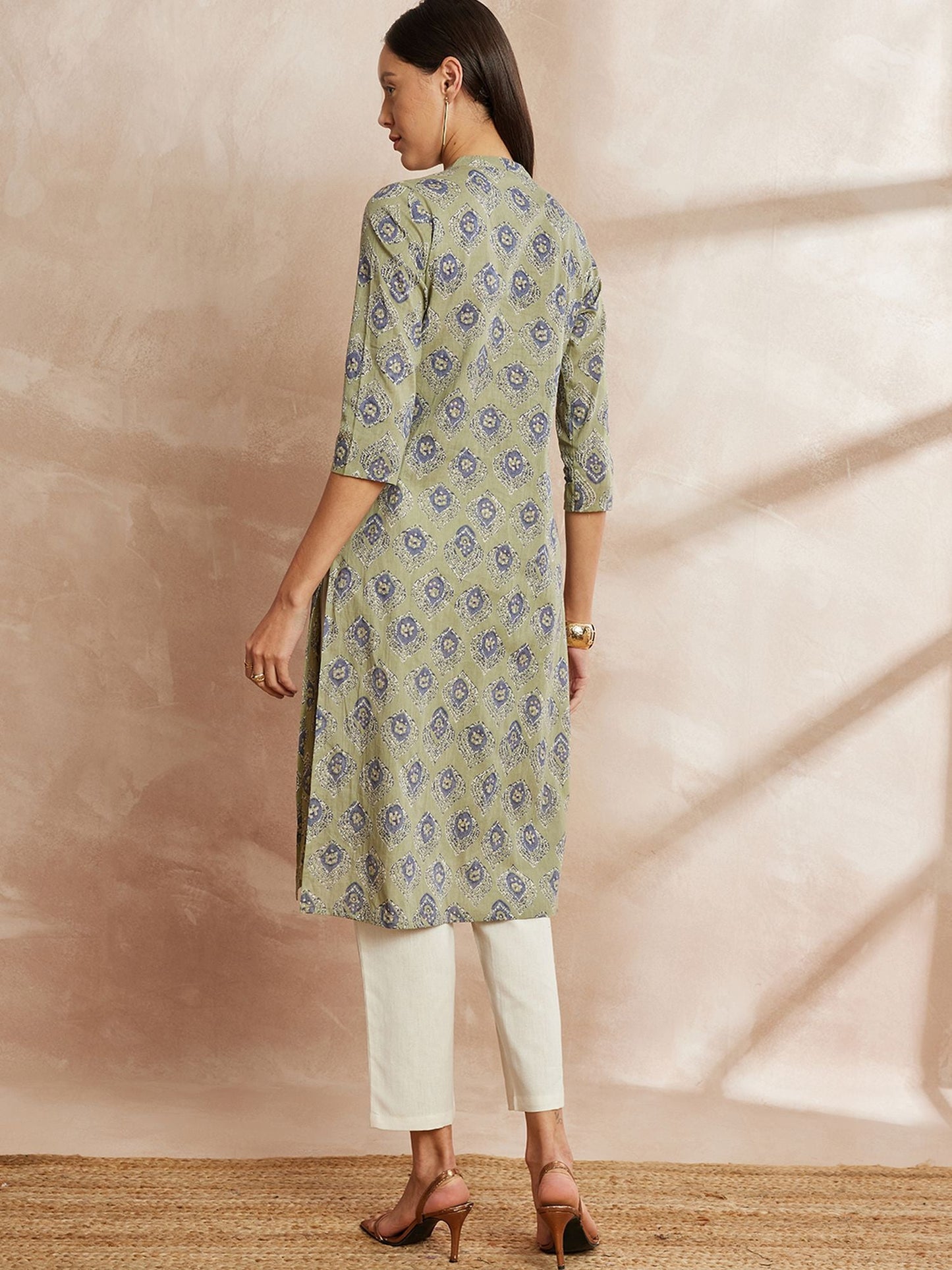 Mehandi Green Color Ethnic Motifs Printed Mandarin Collar Pure Cotton Kurta