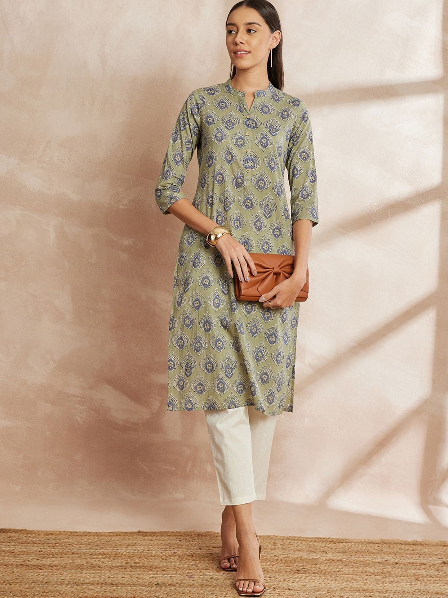 Mehandi Green Color Ethnic Motifs Printed Mandarin Collar Pure Cotton Kurta