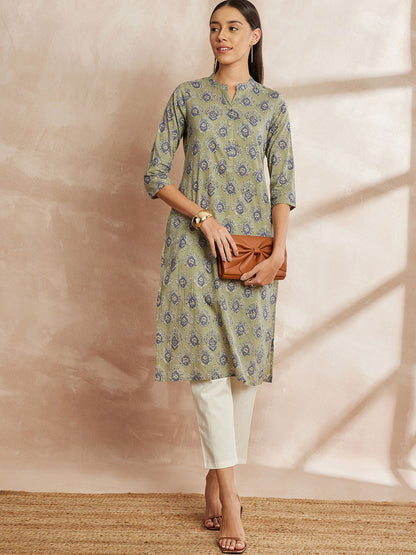 Mehandi Green Color Ethnic Motifs Printed Mandarin Collar Pure Cotton Kurta