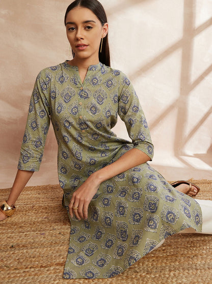 Mehandi Green Color Ethnic Motifs Printed Mandarin Collar Pure Cotton Kurta