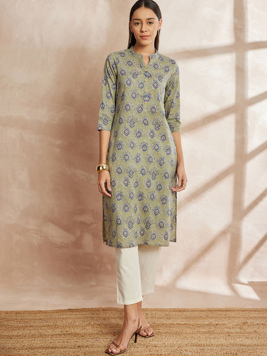 Mehandi Green Color Ethnic Motifs Printed Mandarin Collar Pure Cotton Kurta
