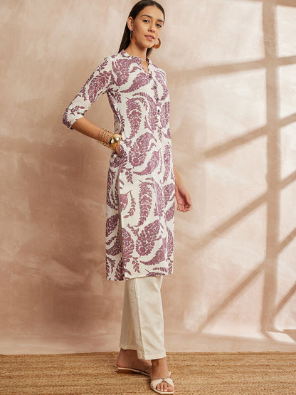 Purple & White Color Ethnic Motifs Printed Mandarin Collar Pure Cotton Kurta