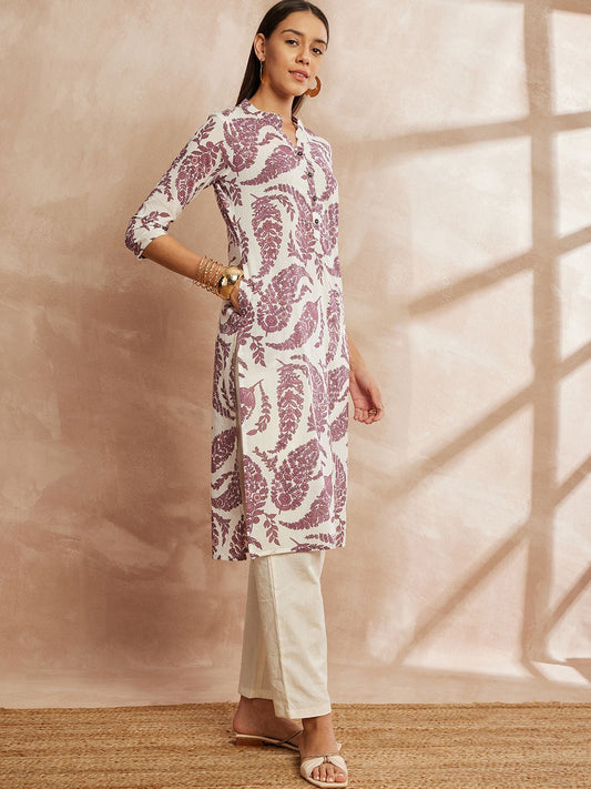 Purple & White Color Ethnic Motifs Printed Mandarin Collar Pure Cotton Kurta
