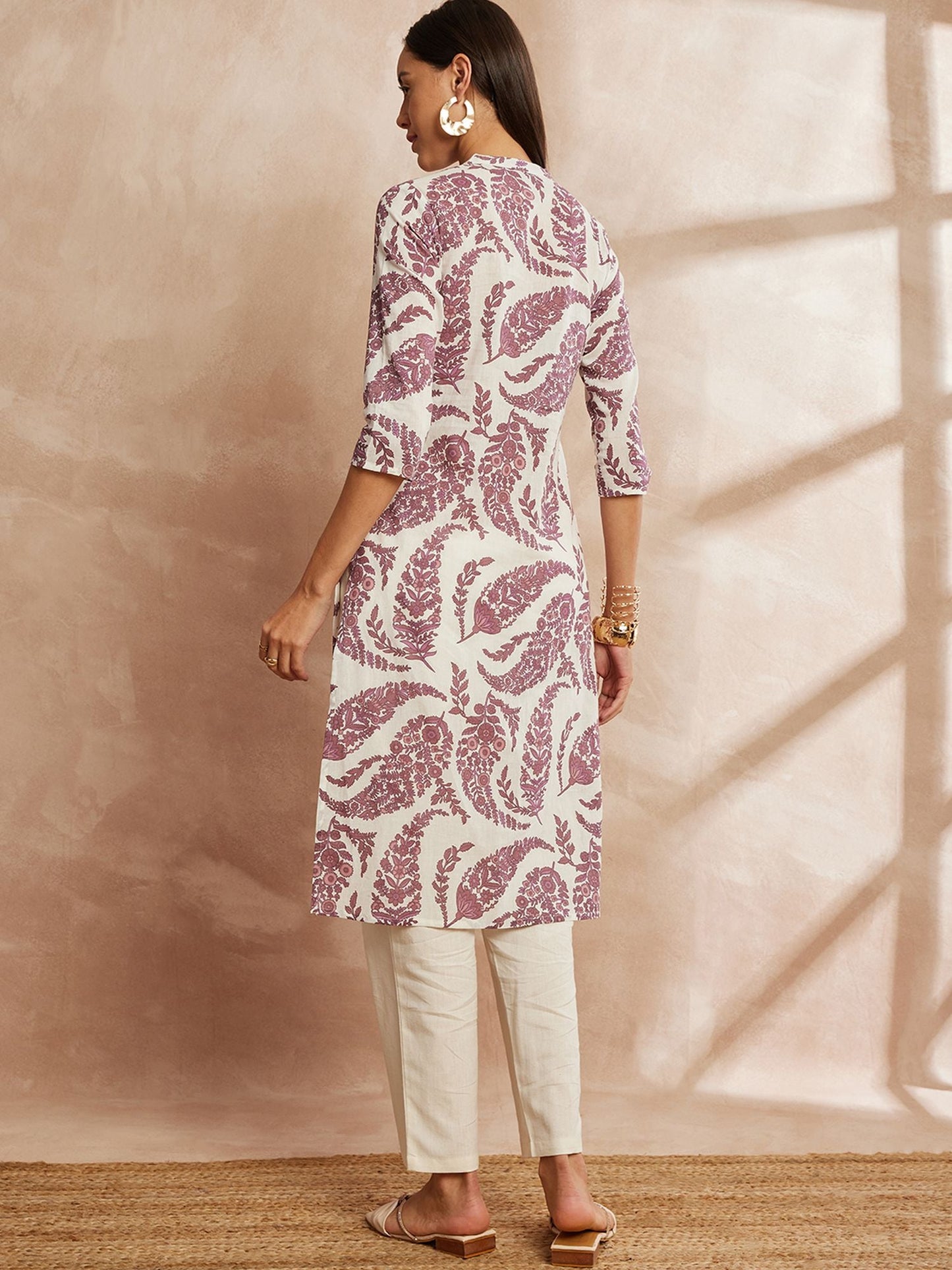 Purple & White Color Ethnic Motifs Printed Mandarin Collar Pure Cotton Kurta