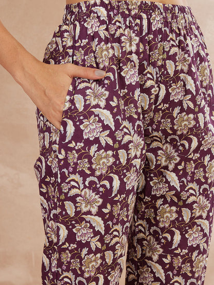 Lilafarbene Tunika aus reiner Baumwolle mit Blumenmuster und Hose