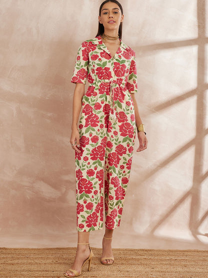 Mehrfarbiger Basic-Jumpsuit aus Baumwolle mit Hemdkragen und Blumenmuster