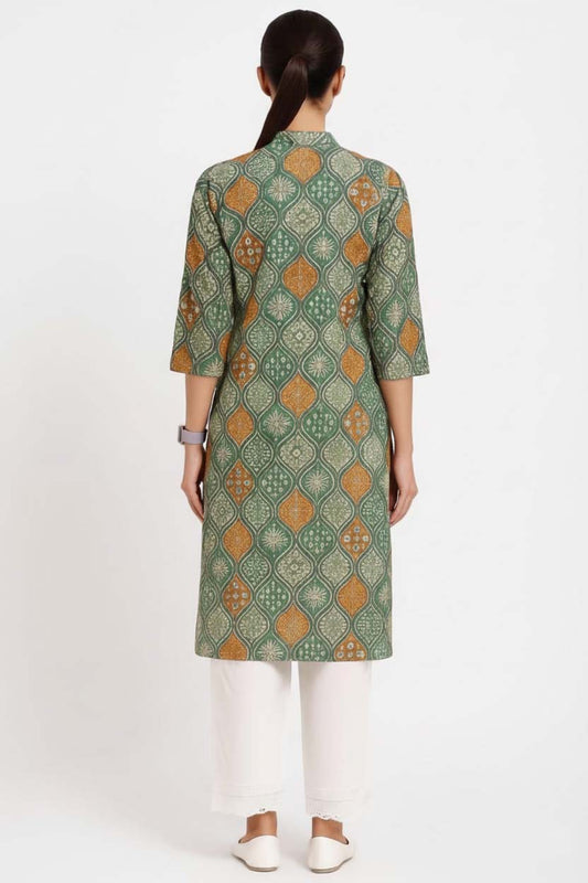 Green Color V Neck Cotton Kurta With Pant Set