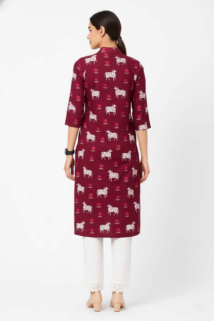 Maroon V Neck Cotton Kurta With Pant Set