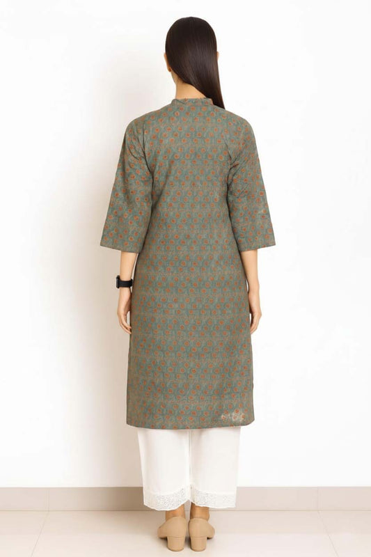 Olive Green V Neck Cotton Kurta With Pant Set