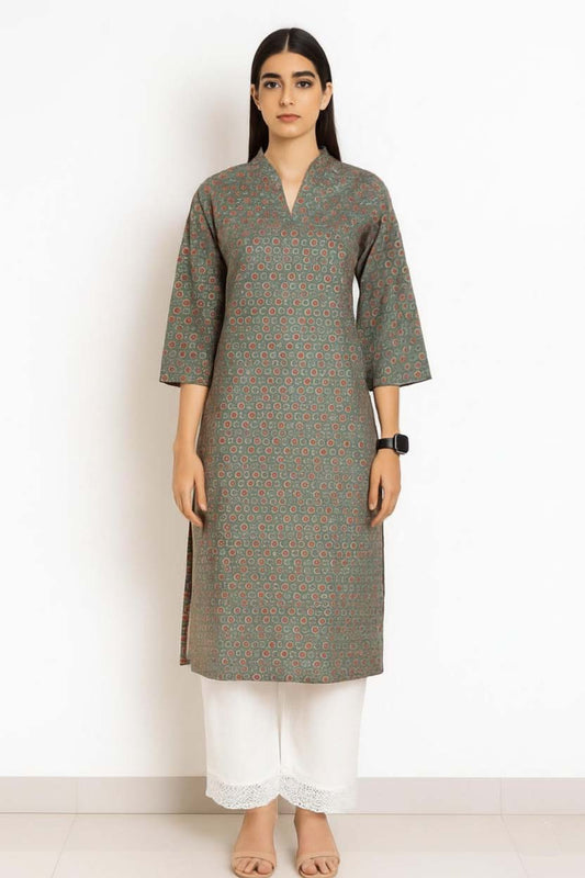 Olive Green V Neck Cotton Kurta With Pant Set