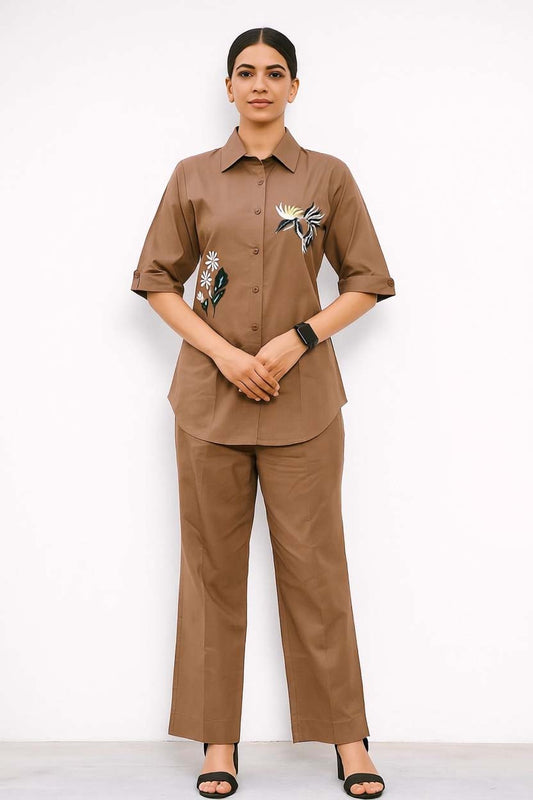 Brown Color Cotton Embroidery Coord Set