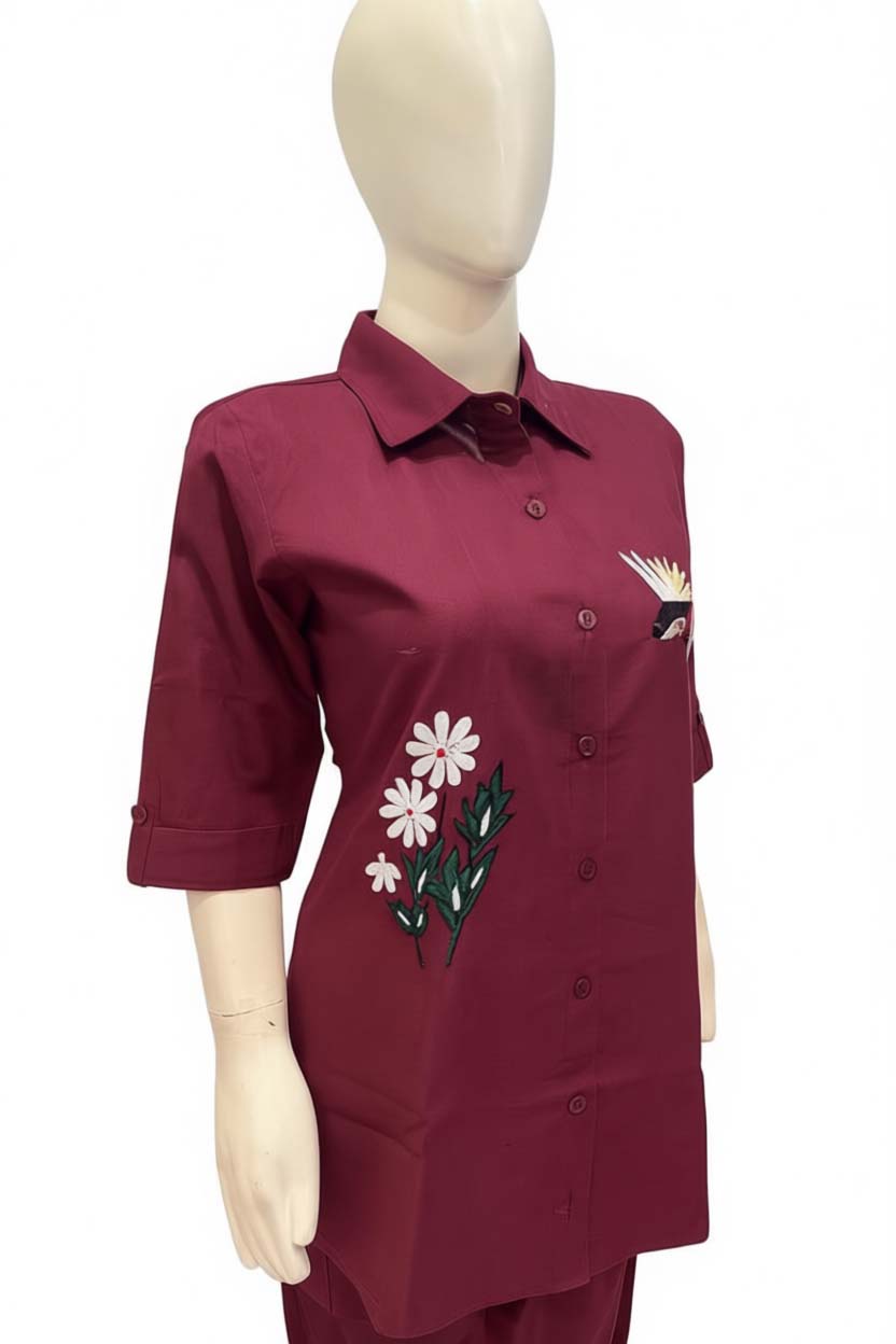 Maroon Color Cotton Embroidery Coord Set