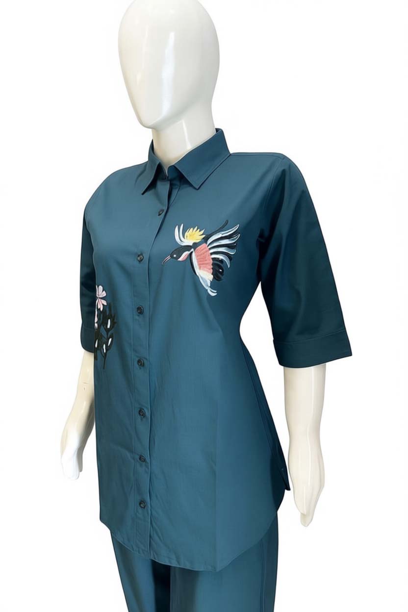 Turquoise Blue Color Cotton Embroidery Coord Set