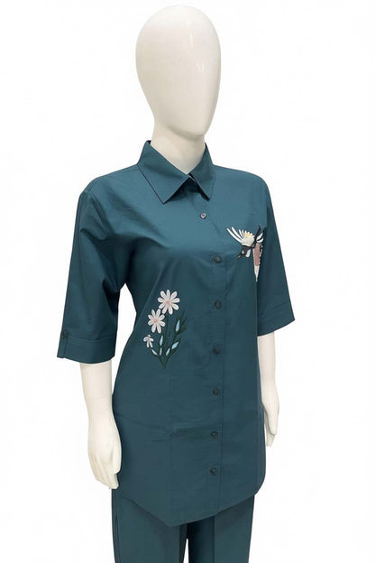 Turquoise Blue Color Cotton Embroidery Coord Set