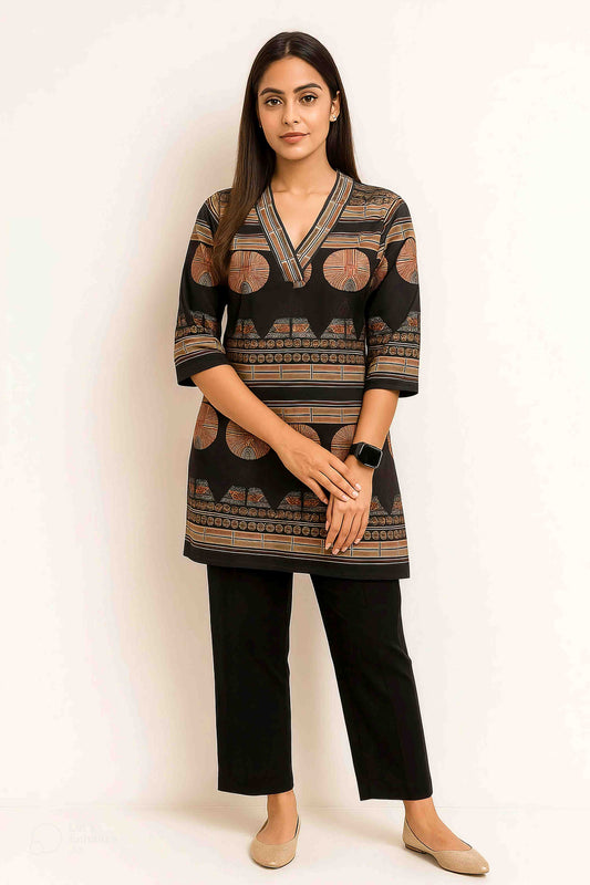 Schwarzfarbenes bedrucktes traditionelles Co-Ord-Set