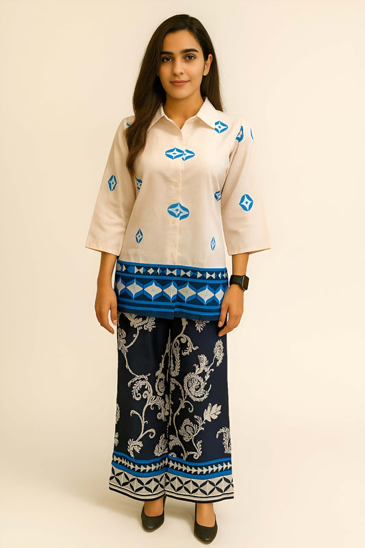 White & Blue Color Printed Arbain Cooton Co-Ord Set