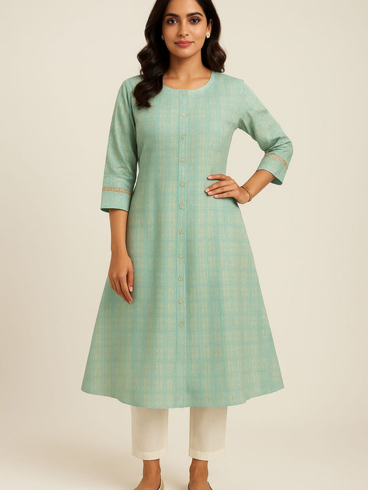 Aqua-Grün Farben Dezenter Goldener Geometrischer Blockprint Kurta