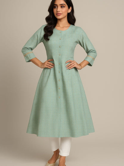 Aqua Green Color Subtle Golden Geometric Block Print Kurta
