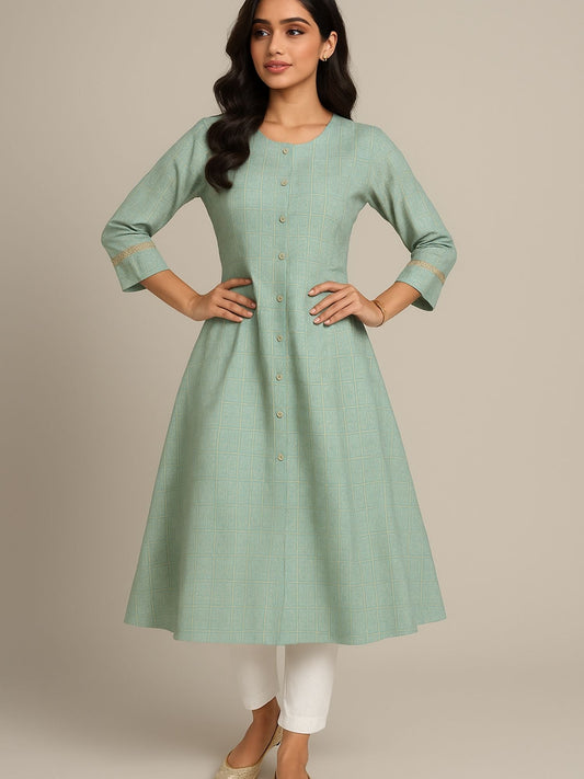 Aqua-Grün Farben Dezenter Goldener Geometrischer Blockprint Kurta