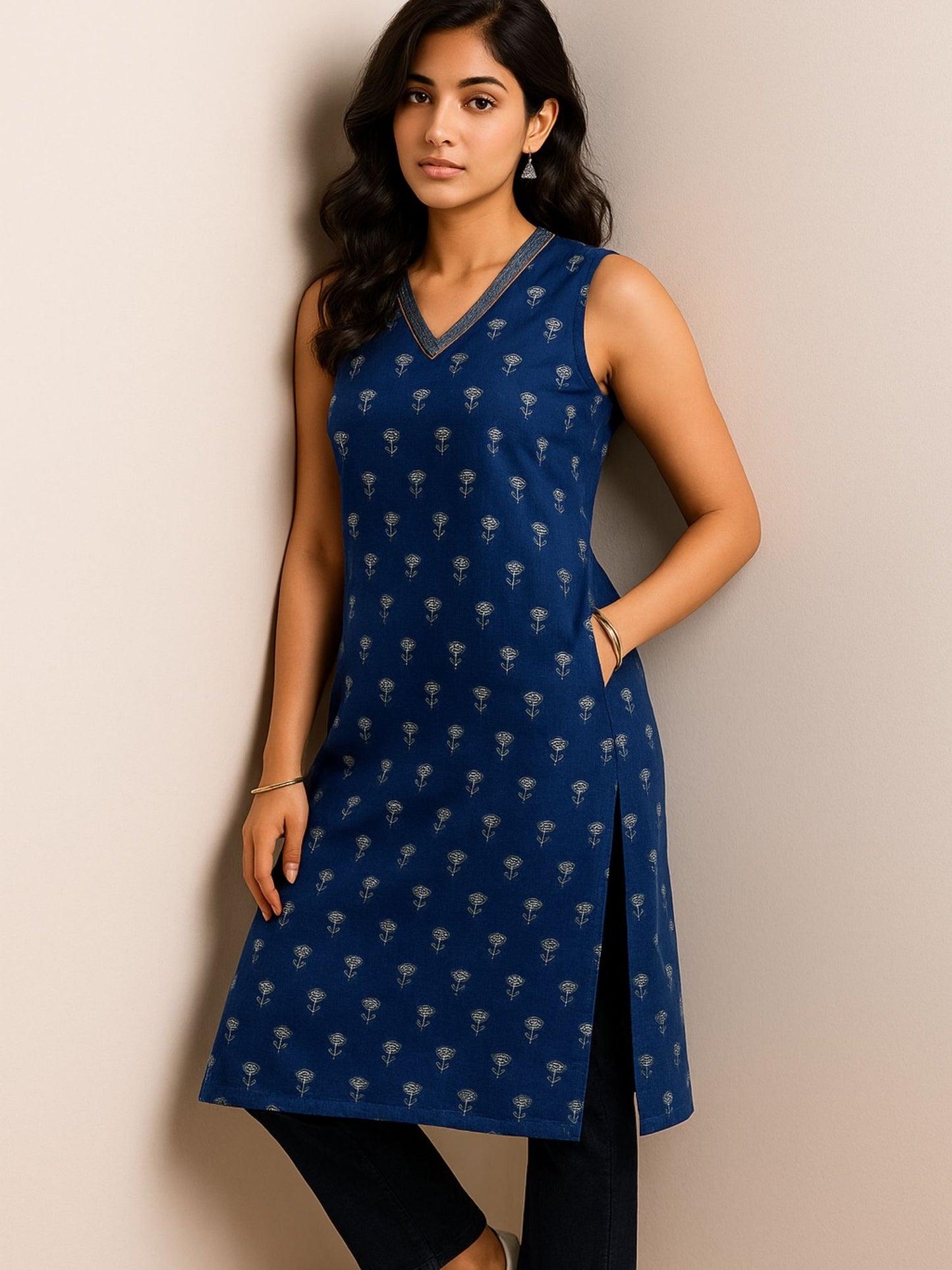 Dunkelblaues Kurti mit kleinem Blumen-Blockdruck und Zari-Stickerei am Ausschnitt