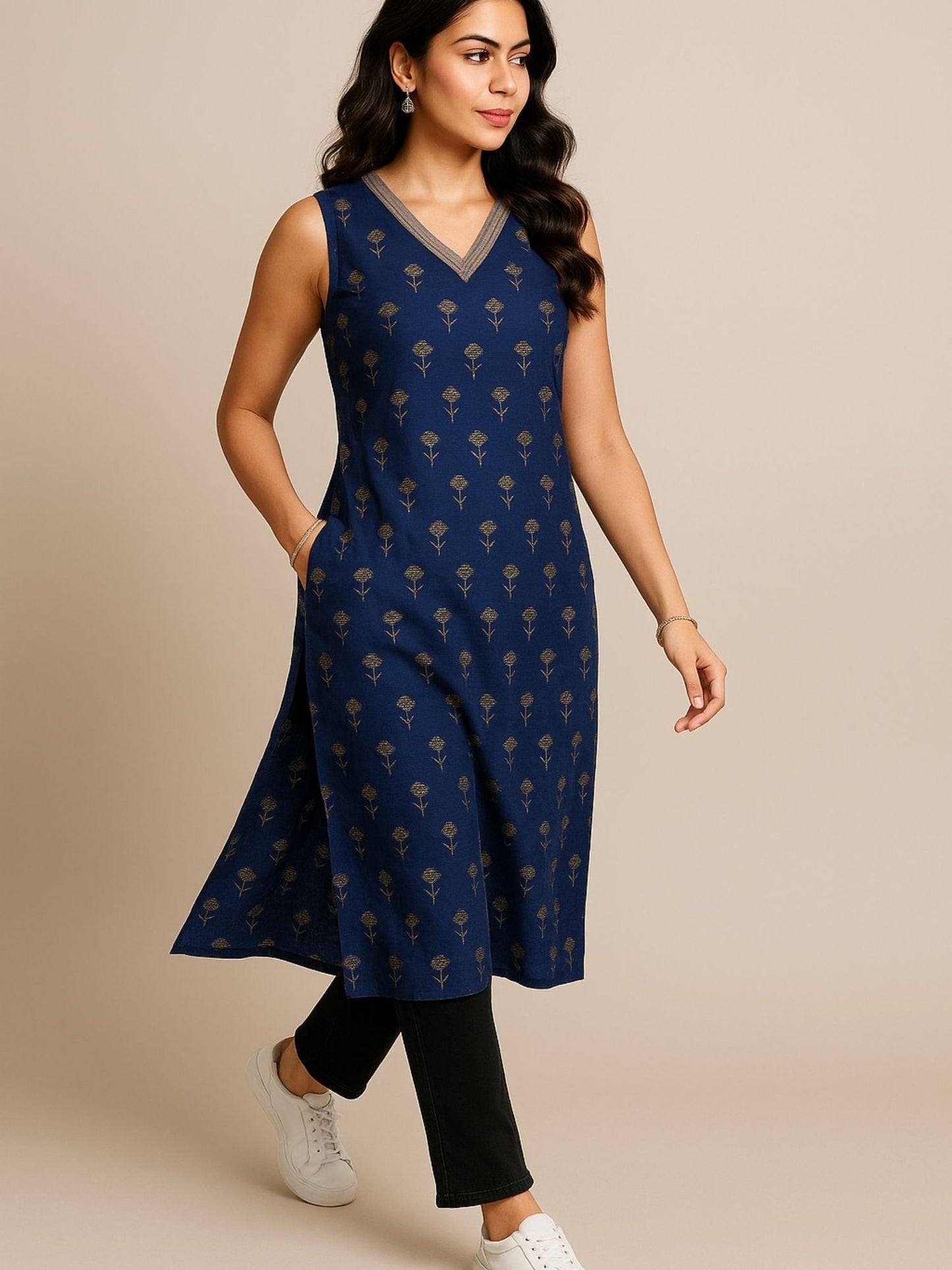 Dunkelblaues Kurti mit kleinem Blumen-Blockdruck und Zari-Stickerei am Ausschnitt