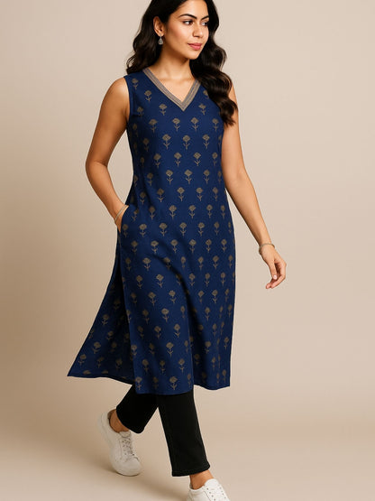 Dunkelblaues Kurti mit kleinem Blumen-Blockdruck und Zari-Stickerei am Ausschnitt