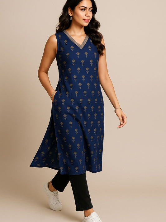 Dunkelblaues Kurti mit kleinem Blumen-Blockdruck und Zari-Stickerei am Ausschnitt