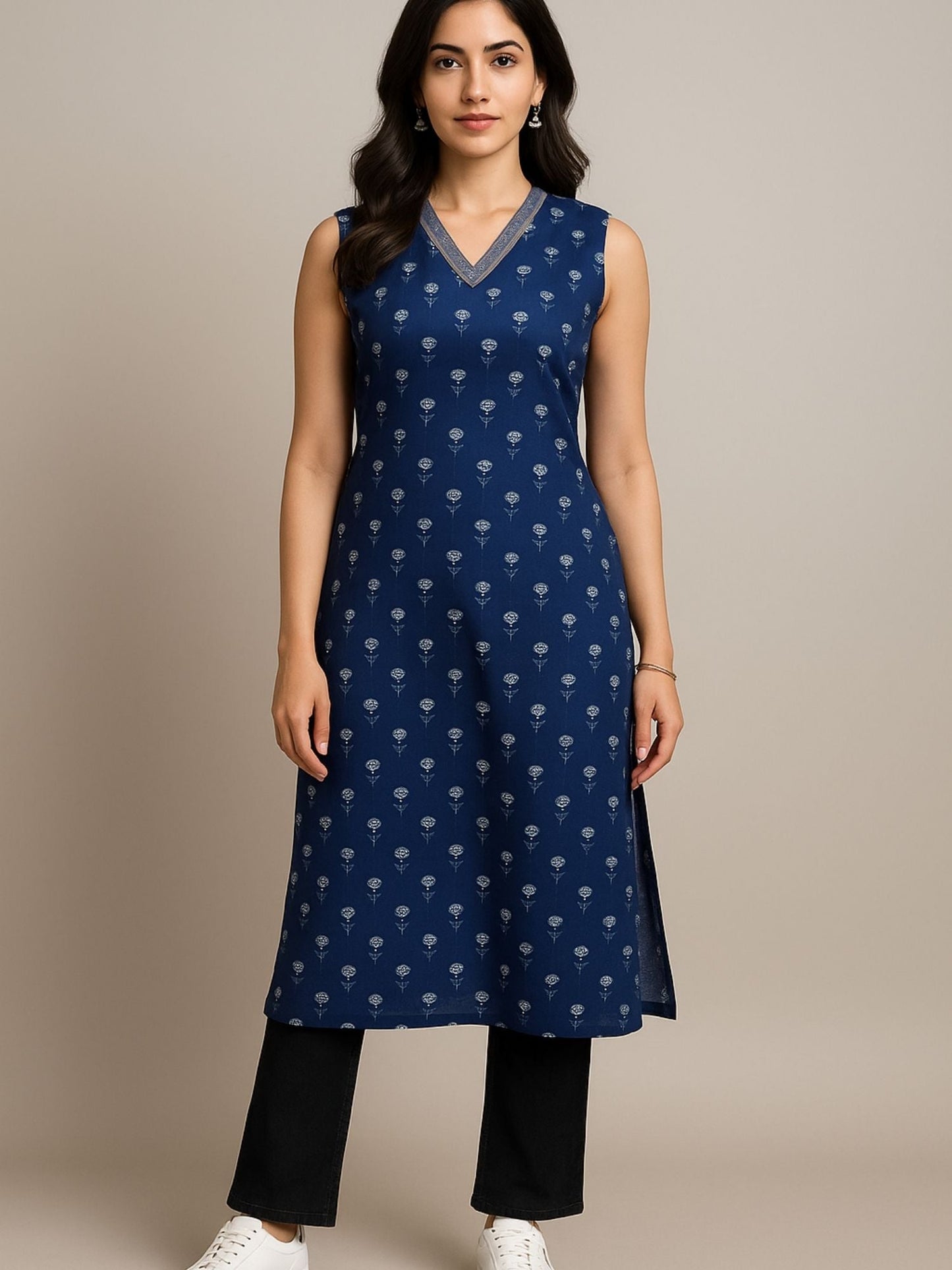 Dunkelblaues Kurti mit kleinem Blumen-Blockdruck und Zari-Stickerei am Ausschnitt