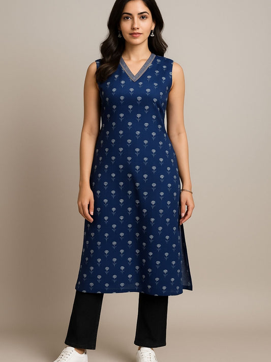 Dunkelblaues Kurti mit kleinem Blumen-Blockdruck und Zari-Stickerei am Ausschnitt