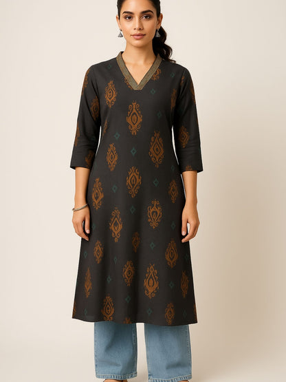 Schwarzer Color Block Style Print mit Zari-Couching am Halsausschnitt Kurti