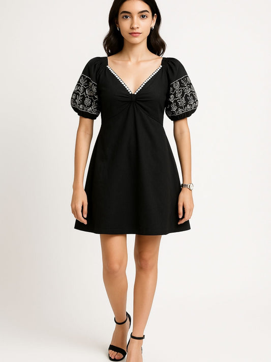 Black Color Embroidered Floral Motifs Cotton Dress