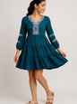 Teal Blue Color Embroidery On Neckline And Sleeves Tiered Skirt Design Dress
